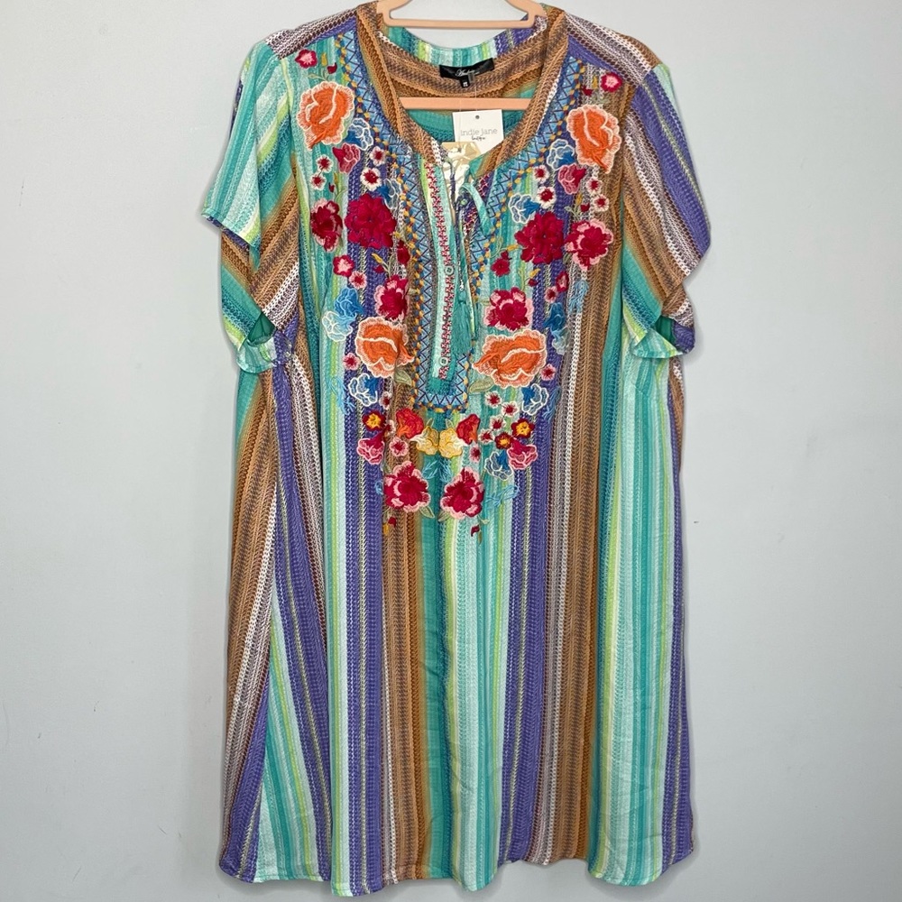 Andree by Unit Joni Striped Embroidered Short Sleeve Dress Plus Size 2X NEW NWT